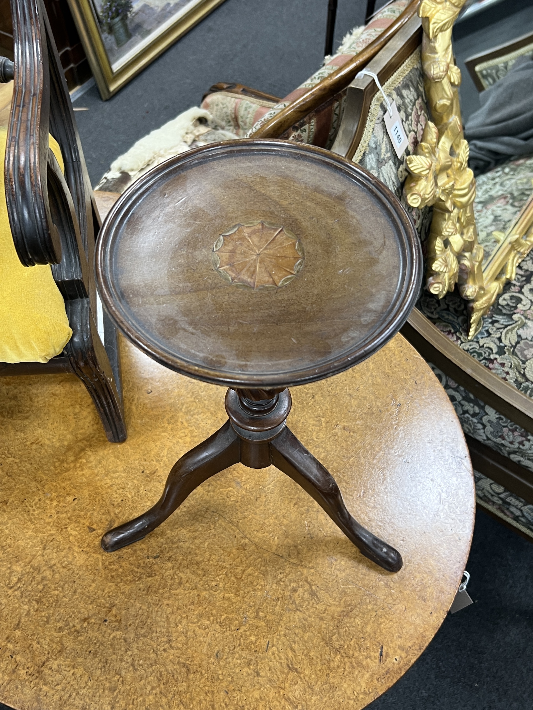 A Regency mahogany child's elbow chair, width 50cm together with an Edwardian inlaid mahogany candle stand